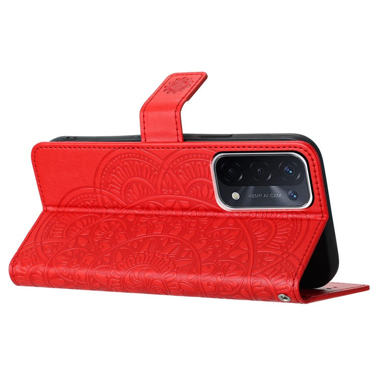 For Oppo A74 5G / A54 5G / A93 5G Case Flower Pattern Handbag Leather Folio Stand View Phone Cover - Red