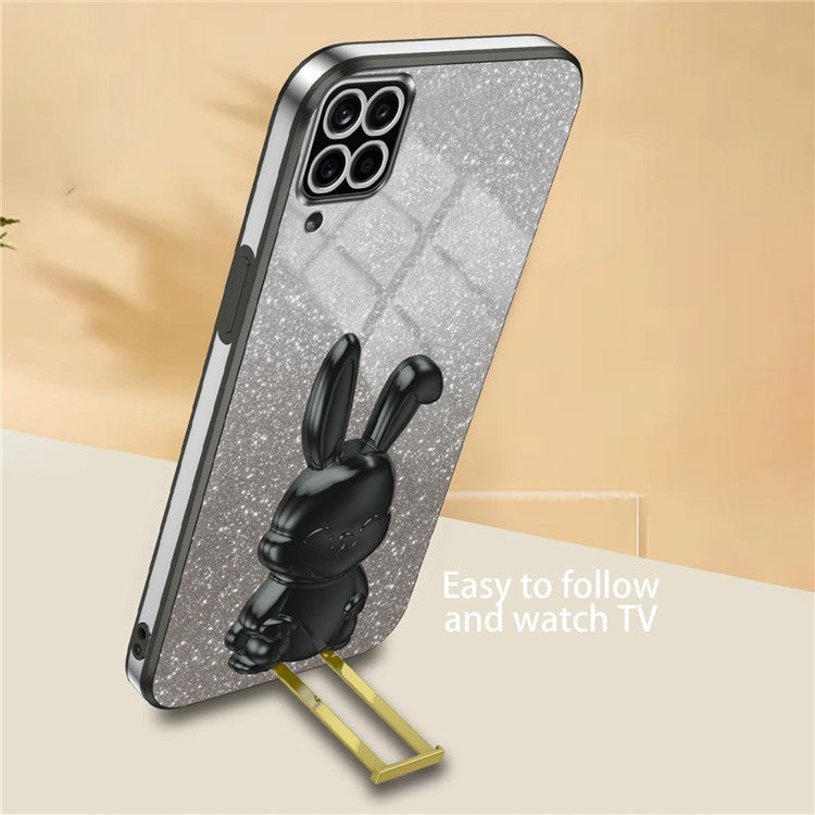 For Samsung Galaxy A12 / M12 / F12 Pull-out Kickstand Case Cartoon Rabbit Electroplated Phone Cover - Black