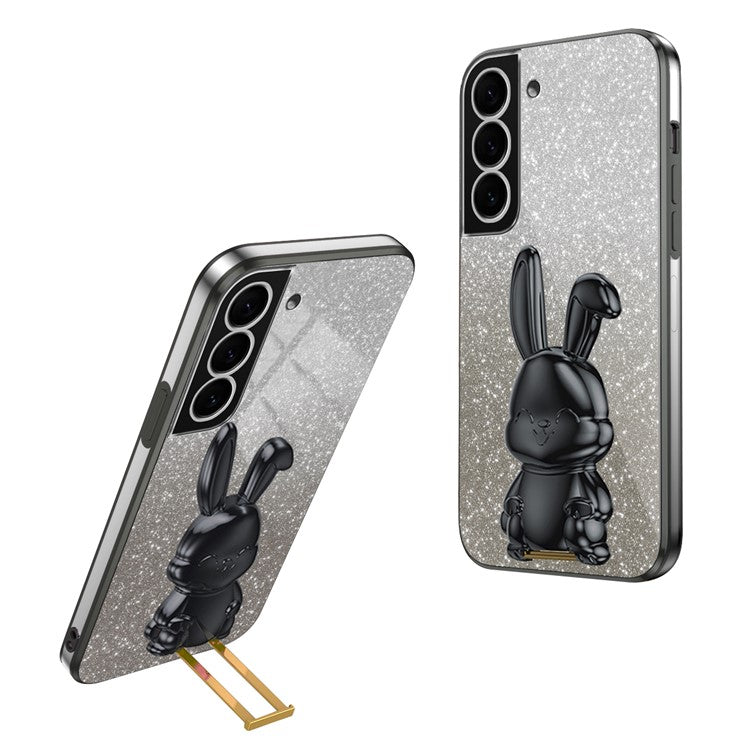 For Samsung Galaxy S22 5G Kickstand Phone Case Cartoon Rabbit Glitter Drop-proof Cover - Black