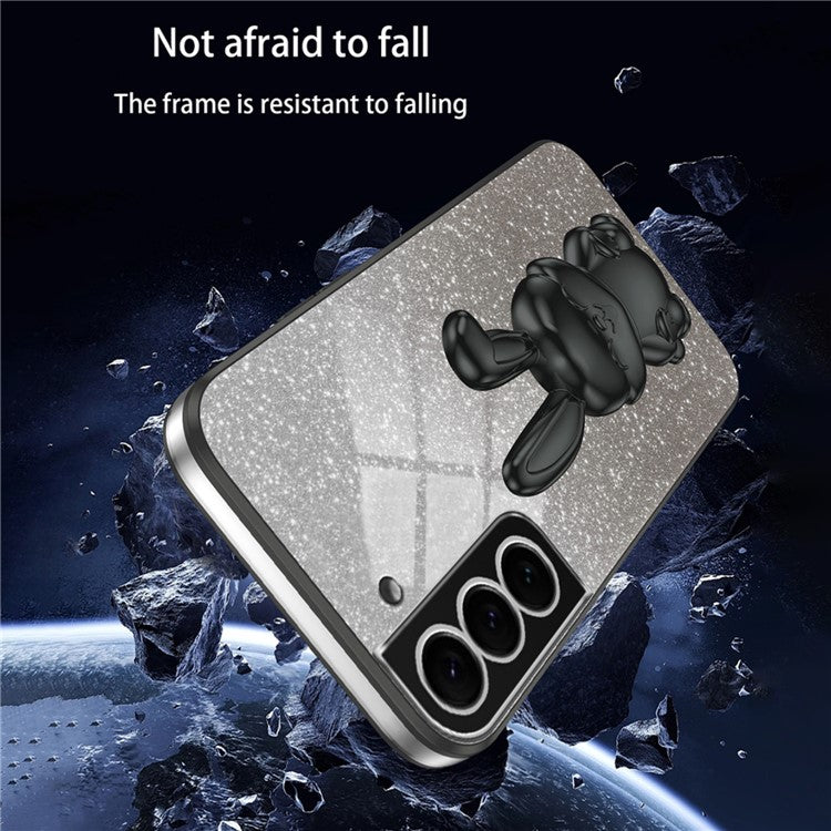 For Samsung Galaxy S22 5G Kickstand Phone Case Cartoon Rabbit Glitter Drop-proof Cover - Black