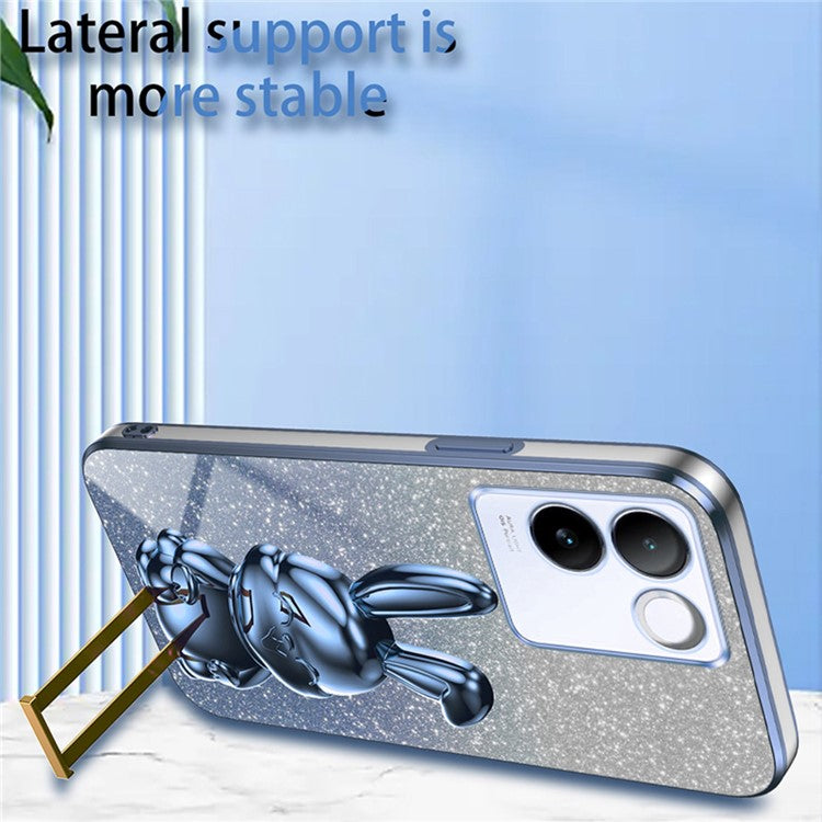 For vivo S17e 5G Cell Phone Case Cartoon Rabbit Anti-scratch Glitter Cover with Pull-out Kickstand - Blue