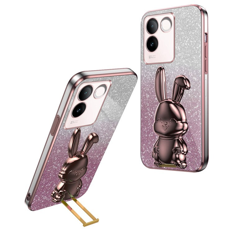 For vivo S17e 5G Cell Phone Case Cartoon Rabbit Anti-scratch Glitter Cover with Pull-out Kickstand - Pink