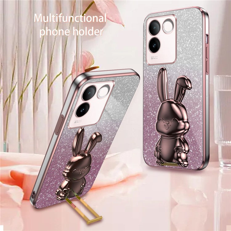 For vivo S17e 5G Cell Phone Case Cartoon Rabbit Anti-scratch Glitter Cover with Pull-out Kickstand - Pink