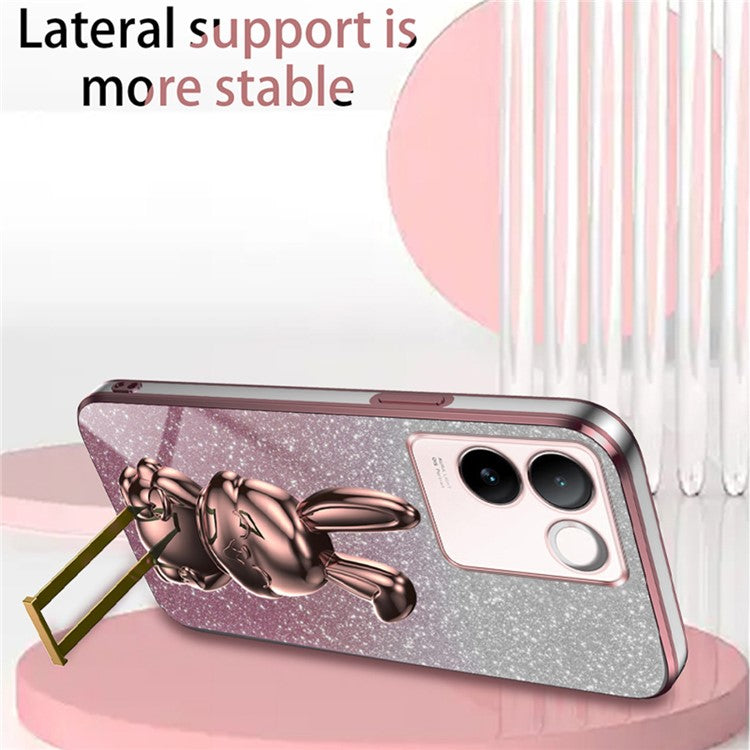 For vivo S17e 5G Cell Phone Case Cartoon Rabbit Anti-scratch Glitter Cover with Pull-out Kickstand - Pink