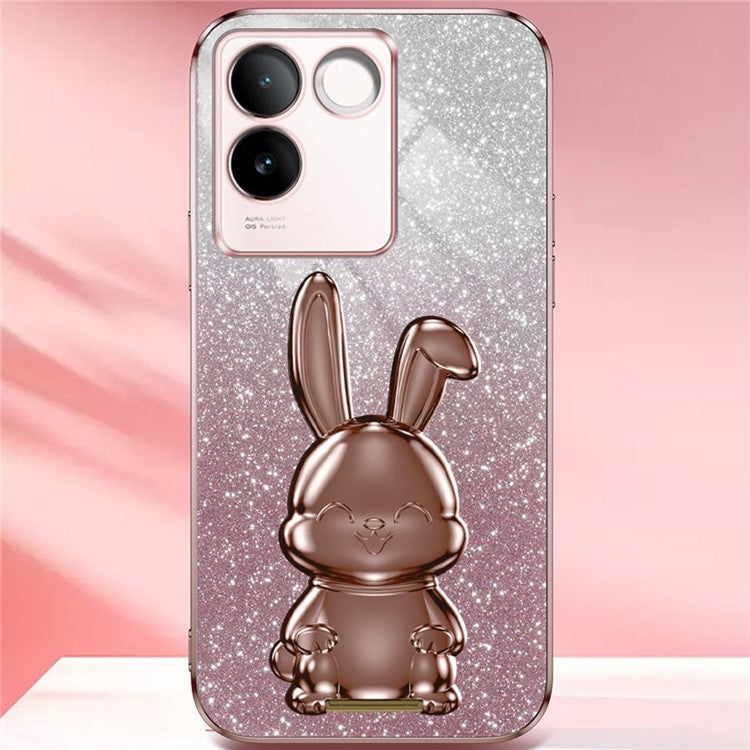 For vivo S17e 5G Cell Phone Case Cartoon Rabbit Anti-scratch Glitter Cover with Pull-out Kickstand - Pink