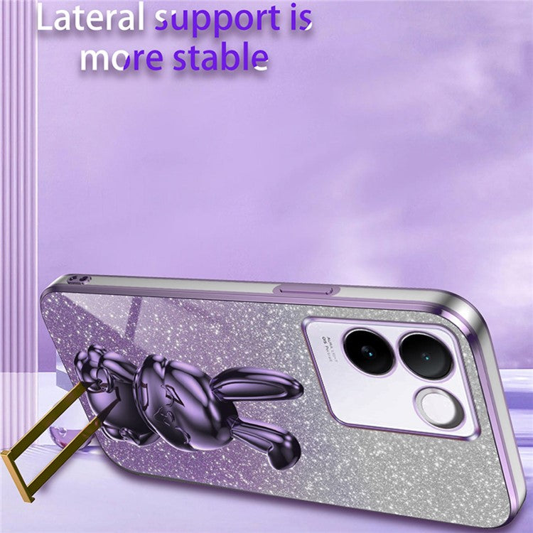 For vivo S17e 5G Cell Phone Case Cartoon Rabbit Anti-scratch Glitter Cover with Pull-out Kickstand - Purple