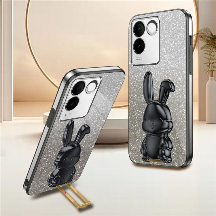 For vivo S17e 5G Cell Phone Case Cartoon Rabbit Anti-scratch Glitter Cover with Pull-out Kickstand - Black