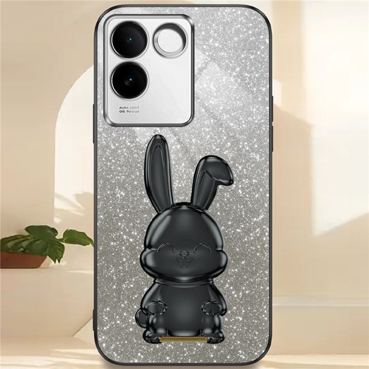 For vivo S17e 5G Cell Phone Case Cartoon Rabbit Anti-scratch Glitter Cover with Pull-out Kickstand - Black