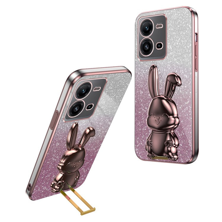 For vivo V25 5G Kickstand Case Rabbit Design PC+TPU Phone Cover - Pink