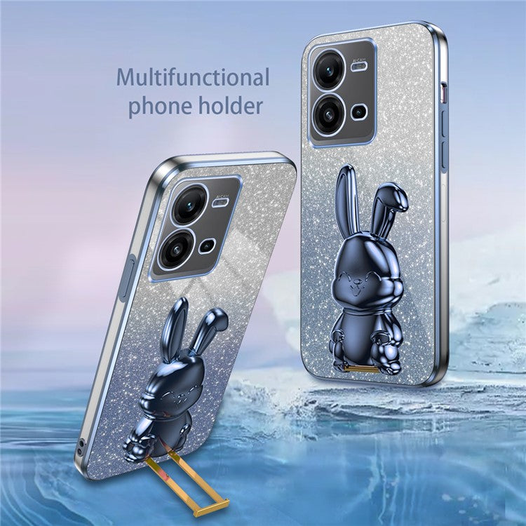 For vivo V25 5G Kickstand Case Rabbit Design PC+TPU Phone Cover - Blue