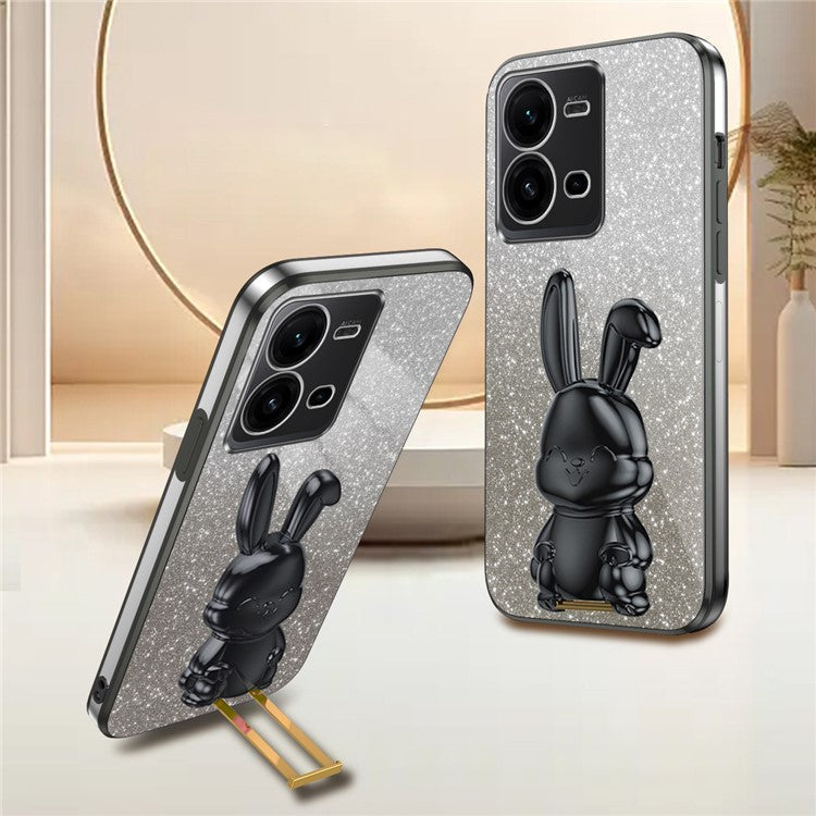For vivo V25 5G Kickstand Case Rabbit Design PC+TPU Phone Cover - Black