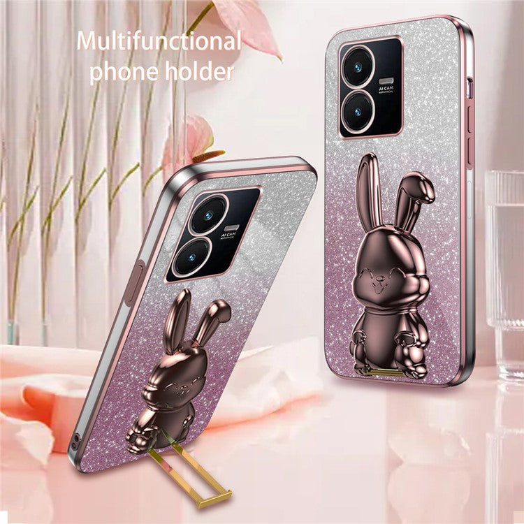 For vivo Y22s 4G / Y22 4G Protective Case Rabbit Design Kickstand PC+TPU Phone Cover - Pink