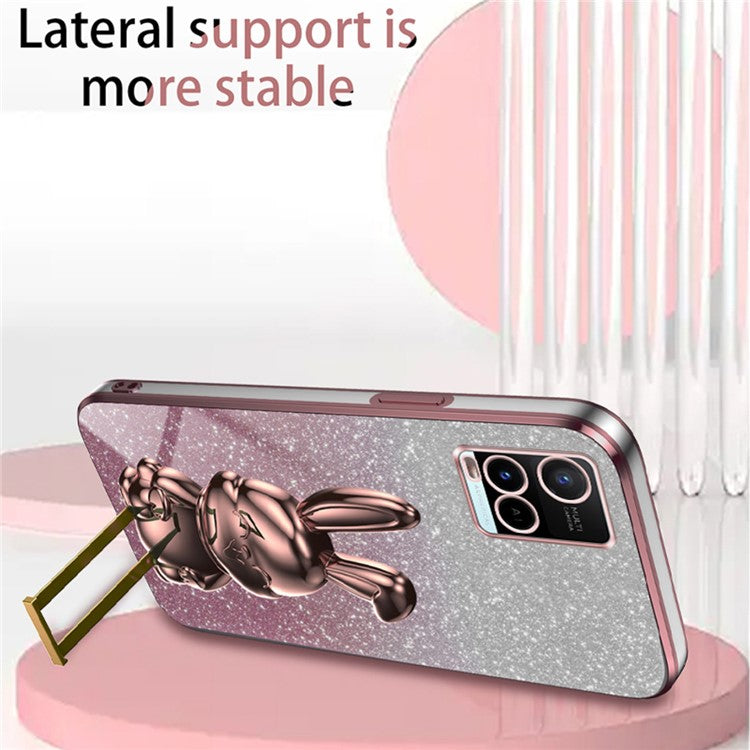 For vivo Y32 4G / Y21 / Y33s / Y21s Slim Case Rabbit Design PC+TPU Kickstand Phone Case - Pink