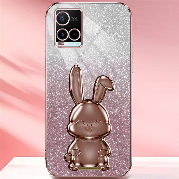For vivo Y32 4G / Y21 / Y33s / Y21s Slim Case Rabbit Design PC+TPU Kickstand Phone Case - Pink
