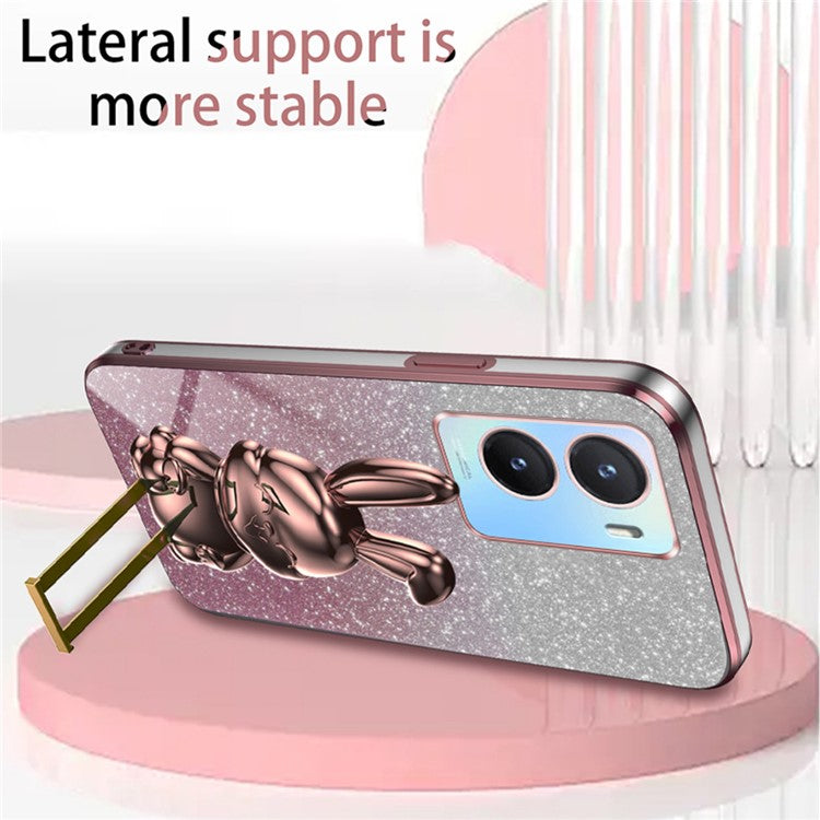 For vivo Y35 5G Pull-Out Kickstand Phone Protective Case Cartoon Rabbit Decor Cover - Pink