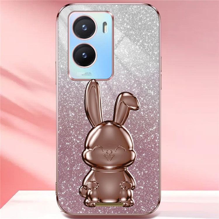 For vivo Y35 5G Pull-Out Kickstand Phone Protective Case Cartoon Rabbit Decor Cover - Pink