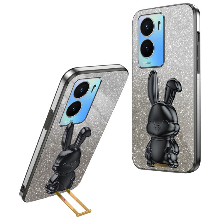 For vivo Y35 5G Pull-Out Kickstand Phone Protective Case Cartoon Rabbit Decor Cover - Black