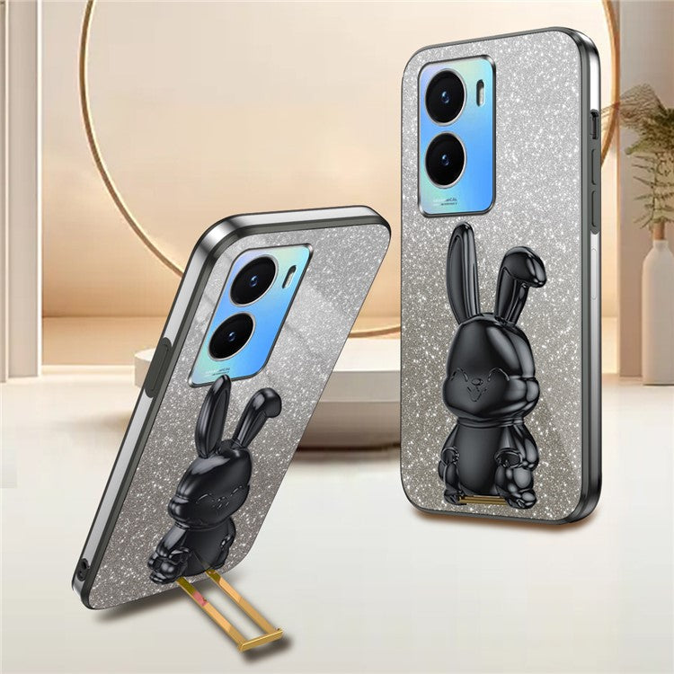 For vivo Y35 5G Pull-Out Kickstand Phone Protective Case Cartoon Rabbit Decor Cover - Black