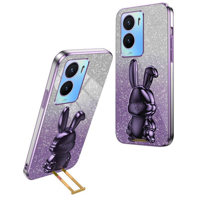 For vivo Y35 5G Pull-Out Kickstand Phone Protective Case Cartoon Rabbit Decor Cover - Purple