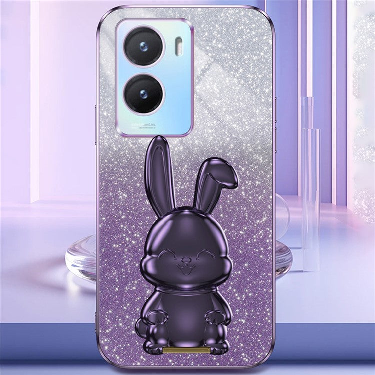For vivo Y35 5G Pull-Out Kickstand Phone Protective Case Cartoon Rabbit Decor Cover - Purple