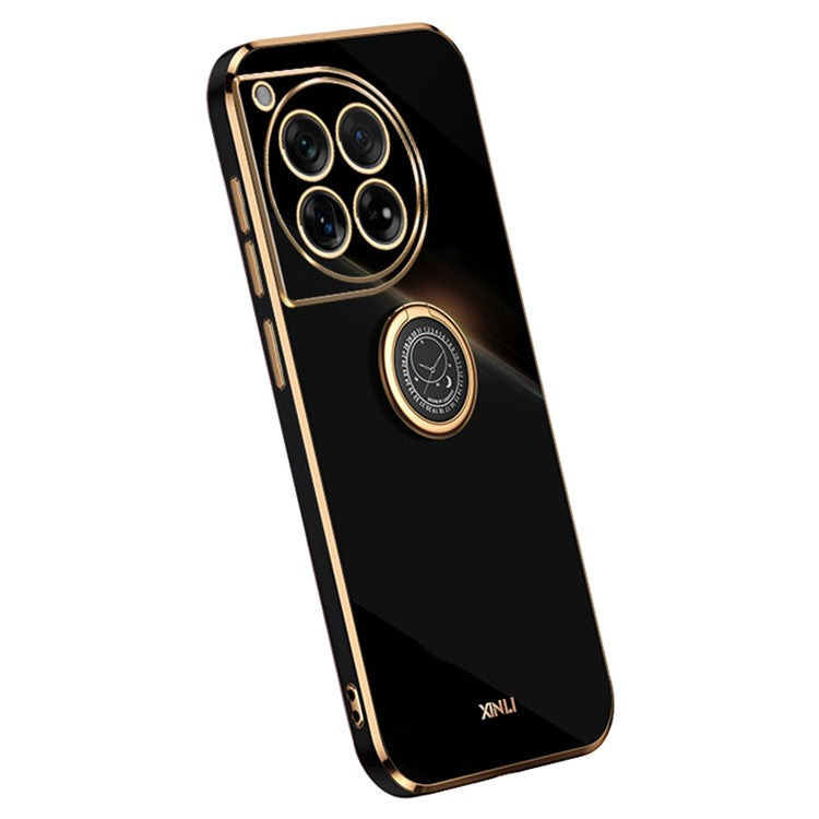 XINLI For OnePlus 12 5G Case Electroplaing TPU Cover with Ring Kickstand - Black