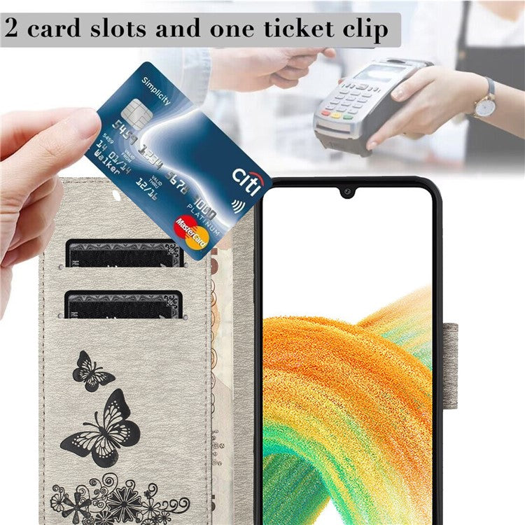 For Samsung Galaxy A05s 4G Case Folio PU Leather Butterflies Flower Phone Cover - Grey