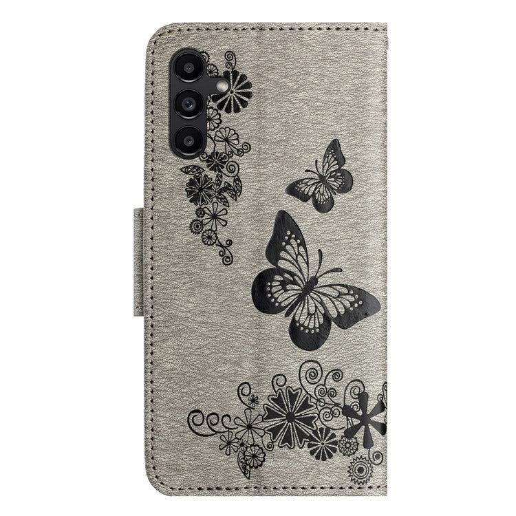 For Samsung Galaxy A05s 4G Case Folio PU Leather Butterflies Flower Phone Cover - Grey