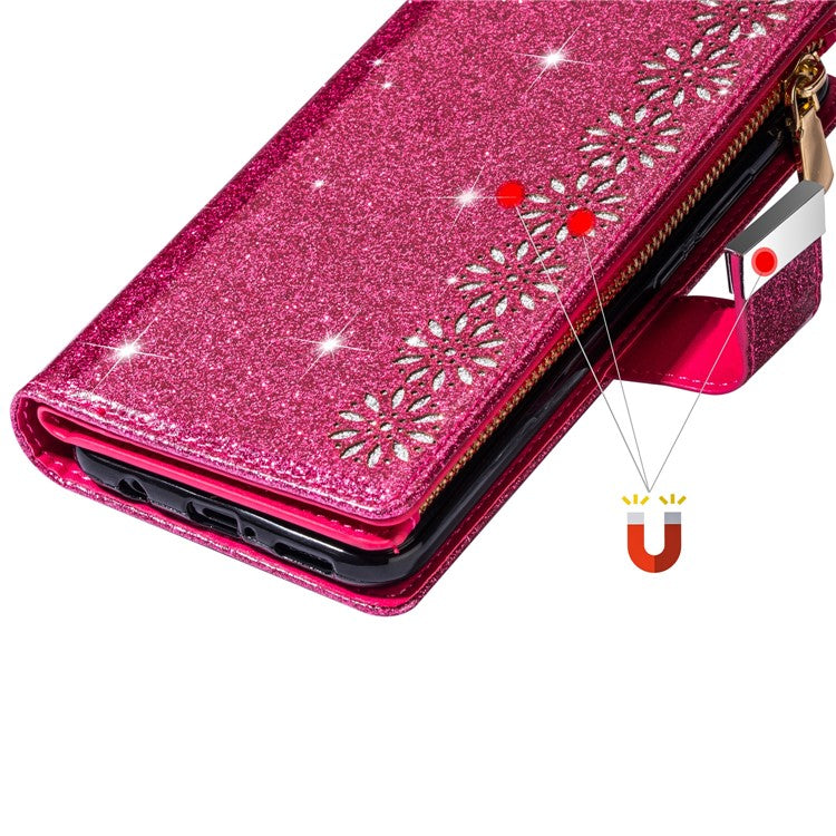 For Samsung Galaxy S23 FE Wallet Case Shiny Glitter Zipper Leather Phone Cover - Rose