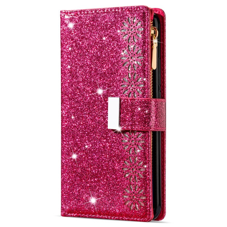 For Samsung Galaxy S23 FE Wallet Case Shiny Glitter Zipper Leather Phone Cover - Rose