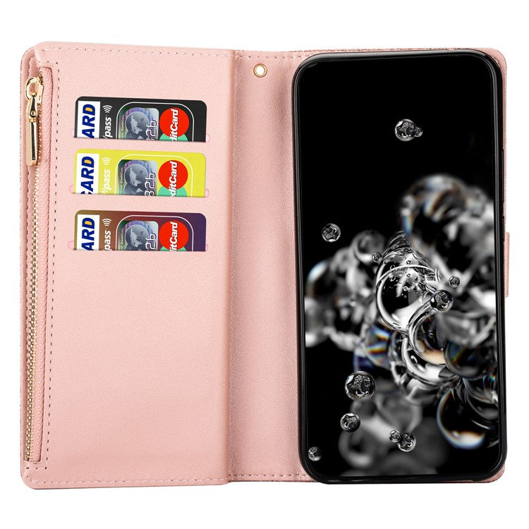 For Samsung Galaxy A55 5G Leather Case Stand Zipper Wallet Glittery Phone Cover - Rose Gold