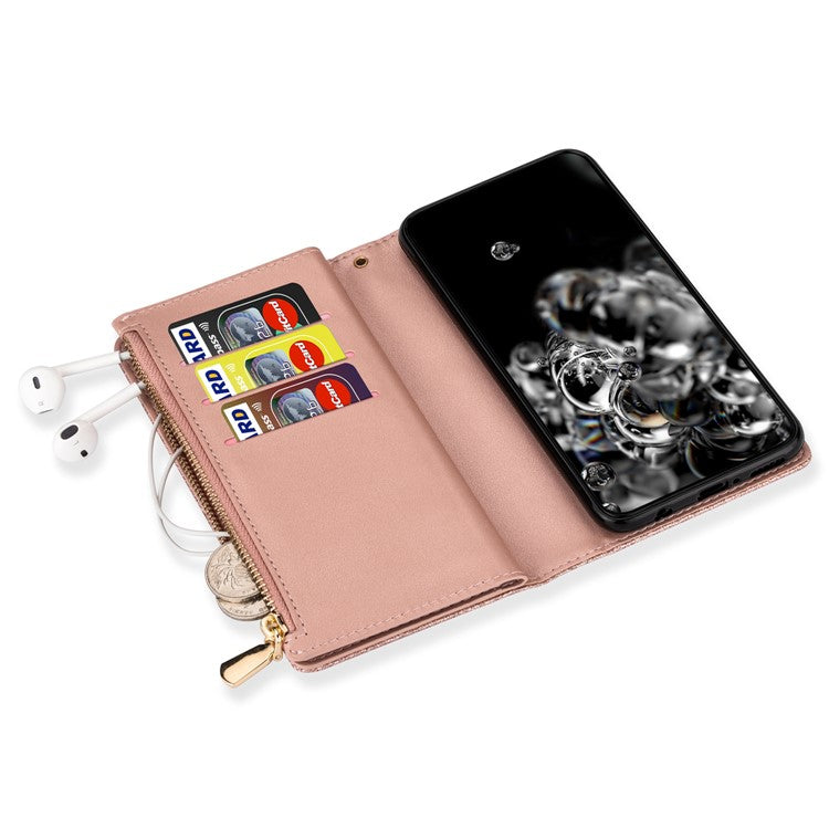 For Samsung Galaxy A55 5G Leather Case Stand Zipper Wallet Glittery Phone Cover - Rose Gold
