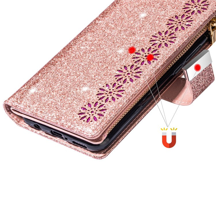 For Samsung Galaxy A55 5G Leather Case Stand Zipper Wallet Glittery Phone Cover - Rose Gold