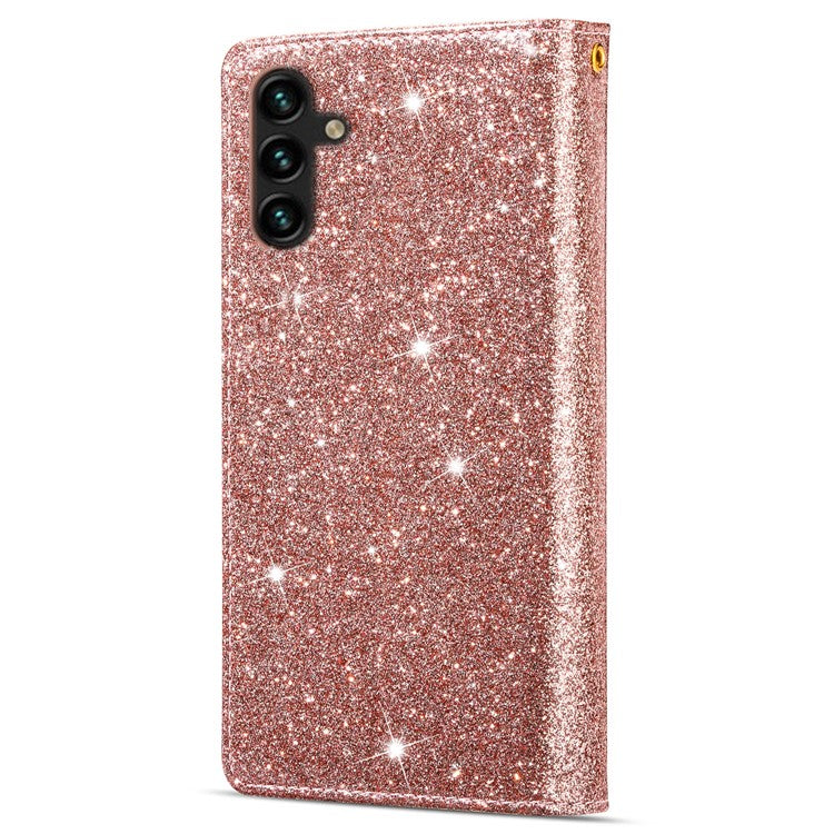 For Samsung Galaxy A55 5G Leather Case Stand Zipper Wallet Glittery Phone Cover - Rose Gold