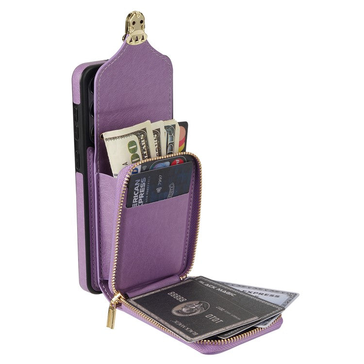 For Samsung Galaxy S23 FE Case Card Holder Zipper Phone Bag Leather+TPU Cover - Purple