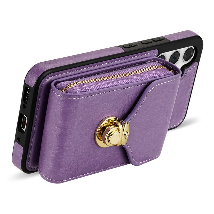 For Samsung Galaxy S23 FE Case Card Holder Zipper Phone Bag Leather+TPU Cover - Purple