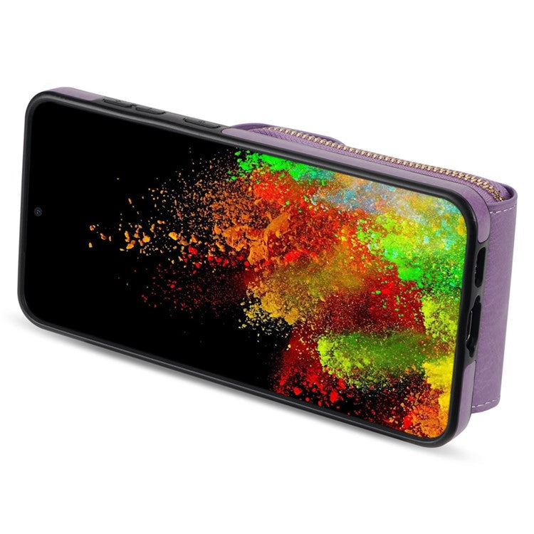 For Samsung Galaxy S23 FE Case Card Holder Zipper Phone Bag Leather+TPU Cover - Purple