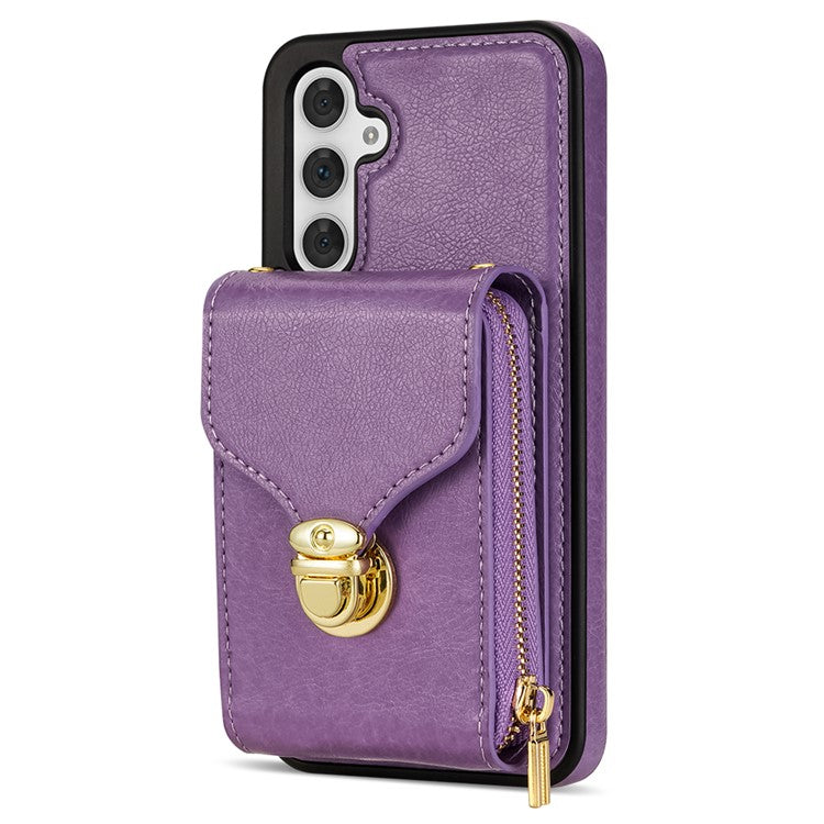 For Samsung Galaxy S23 FE Case Card Holder Zipper Phone Bag Leather+TPU Cover - Purple