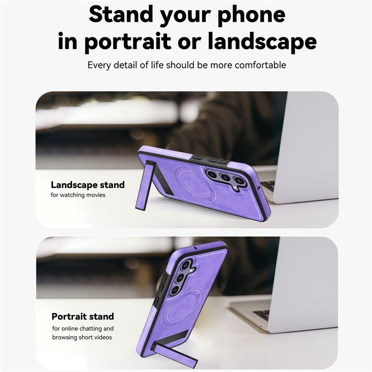 For Samsung Galaxy S24+ Case Kickstand Leather+TPU+PC Magnetic Phone Cover - Light Purple