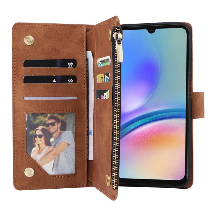 For Samsung Galaxy S23 FE Case Ziiper Leather Phone Cover with Multiple Card Slots Wallet - Brown