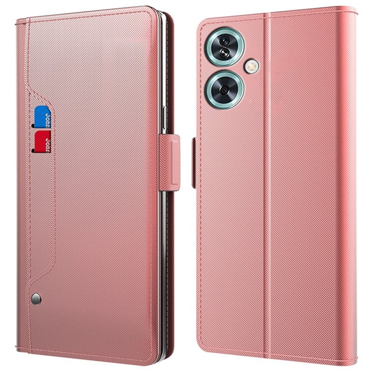 For OnePlus Nord N30 SE 5G Cover Phone Shell with Mirror PU+TPU Leather Card Holder - Rose Gold