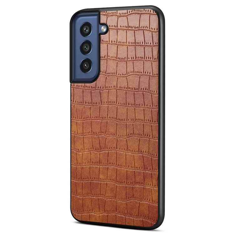 For Samsung Galaxy S21 FE 5G Cases Crocodile Textured Leather Covered Hybrid Phone Case - Brown