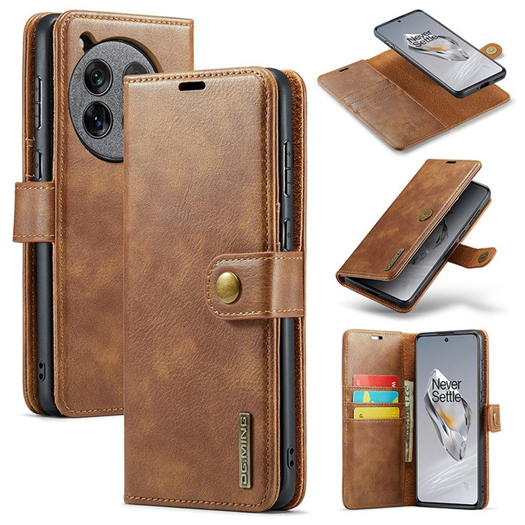 DG.MING for OnePlus 12 5G Case Detachable Split Leather Phone Cover with Stand Wallet - Brown
