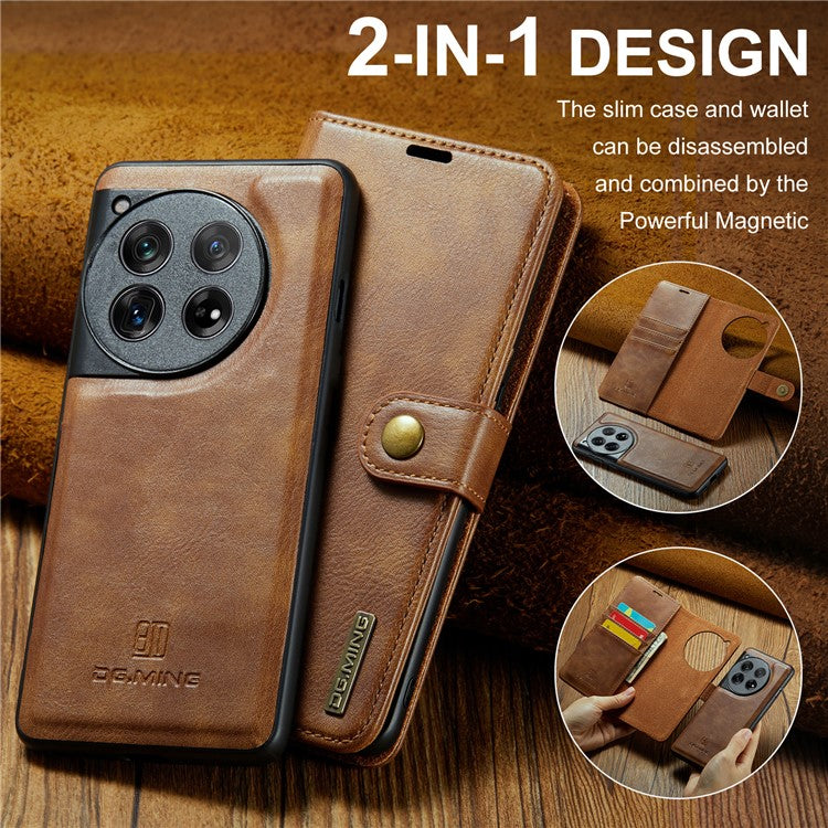 DG.MING for OnePlus 12 5G Case Detachable Split Leather Phone Cover with Stand Wallet - Brown