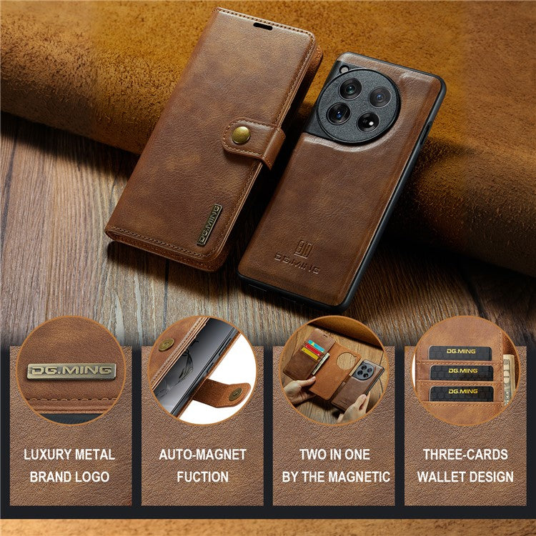 DG.MING for OnePlus 12 5G Case Detachable Split Leather Phone Cover with Stand Wallet - Brown