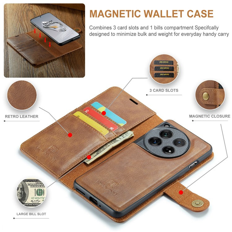 DG.MING for OnePlus 12 5G Case Detachable Split Leather Phone Cover with Stand Wallet - Brown
