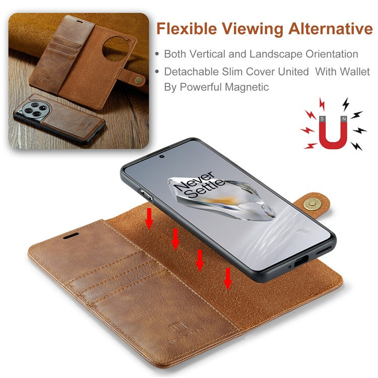DG.MING for OnePlus 12 5G Case Detachable Split Leather Phone Cover with Stand Wallet - Brown