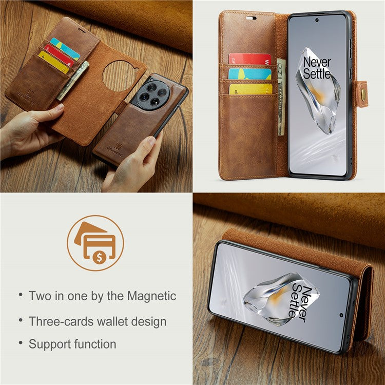 DG.MING for OnePlus 12 5G Case Detachable Split Leather Phone Cover with Stand Wallet - Brown