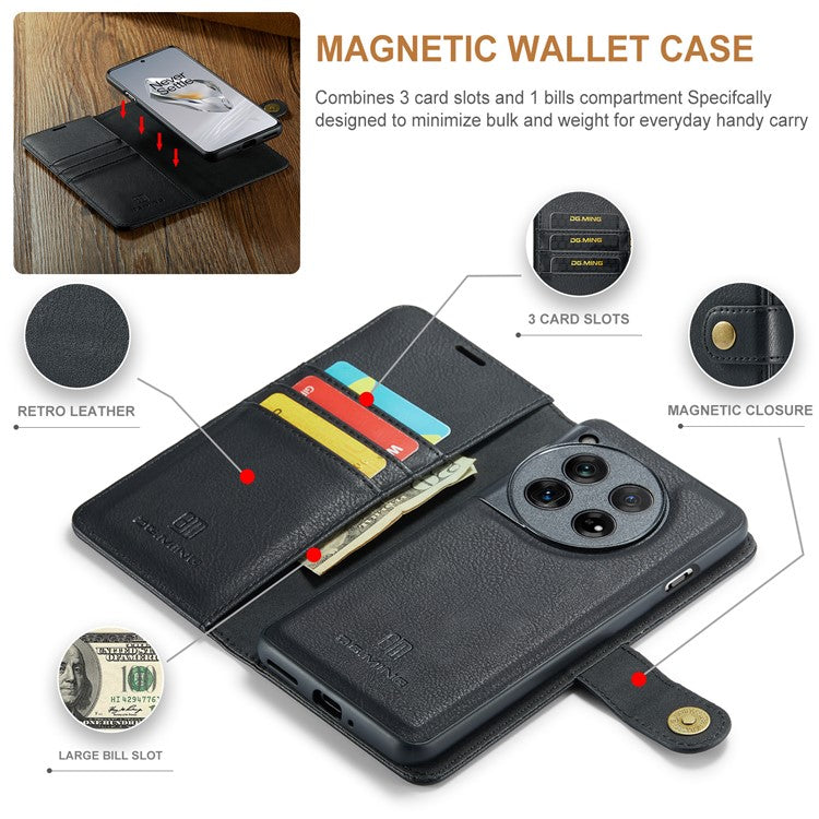 DG.MING for OnePlus 12 5G Case Detachable Split Leather Phone Cover with Stand Wallet - Black