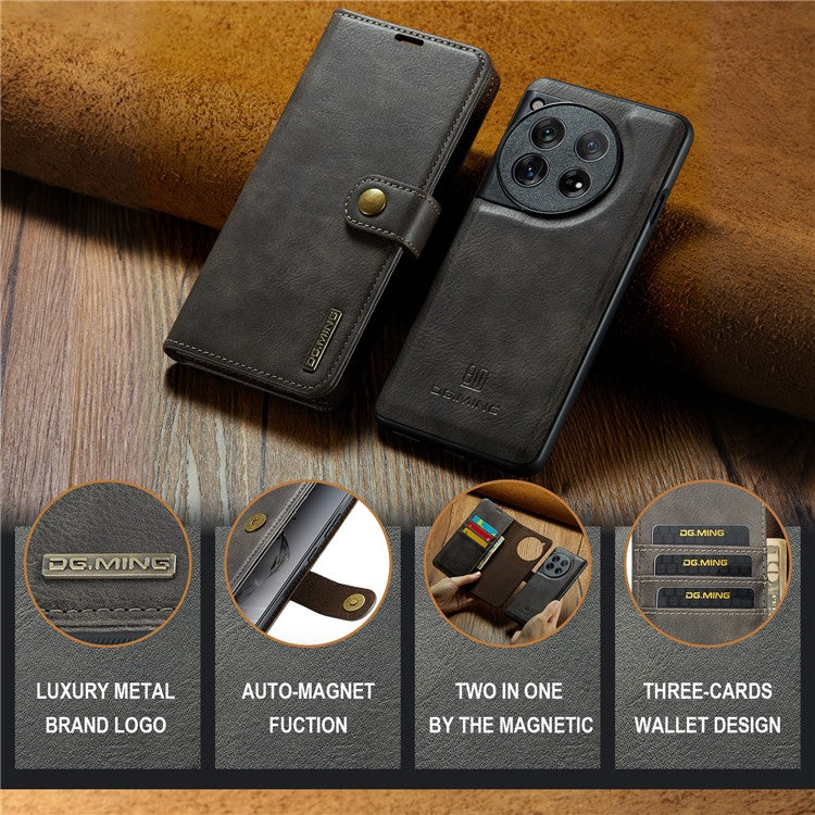 DG.MING for OnePlus 12 5G Case Detachable Split Leather Phone Cover with Stand Wallet - Grey