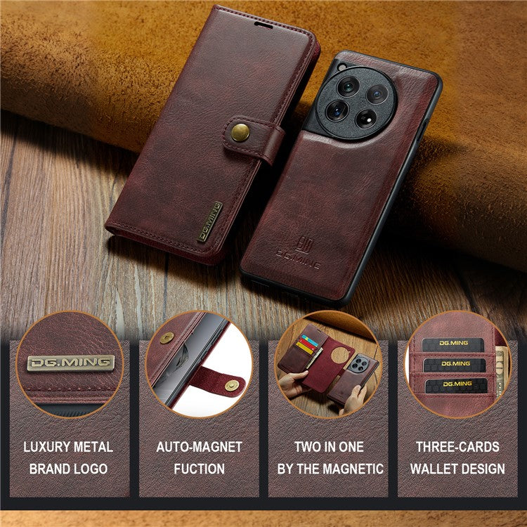 DG.MING for OnePlus 12 5G Case Detachable Split Leather Phone Cover with Stand Wallet - Red